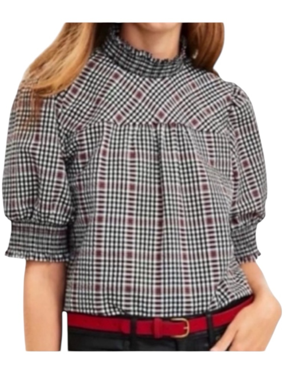 LOFT Plaid Smocked Mock Neck Puff Short Sleeve Top Black White Red